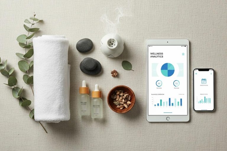Spa items with digital tablet in a flat-lay illustrating technology and risk management in salon operations.