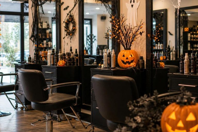Halloween salon safety for professional hairstylists working with clients in a decorated beauty salon
